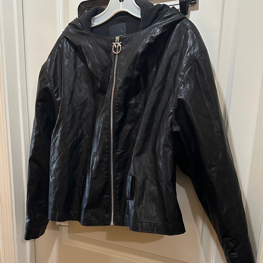 Pinko Black Leather Hooded Jacket